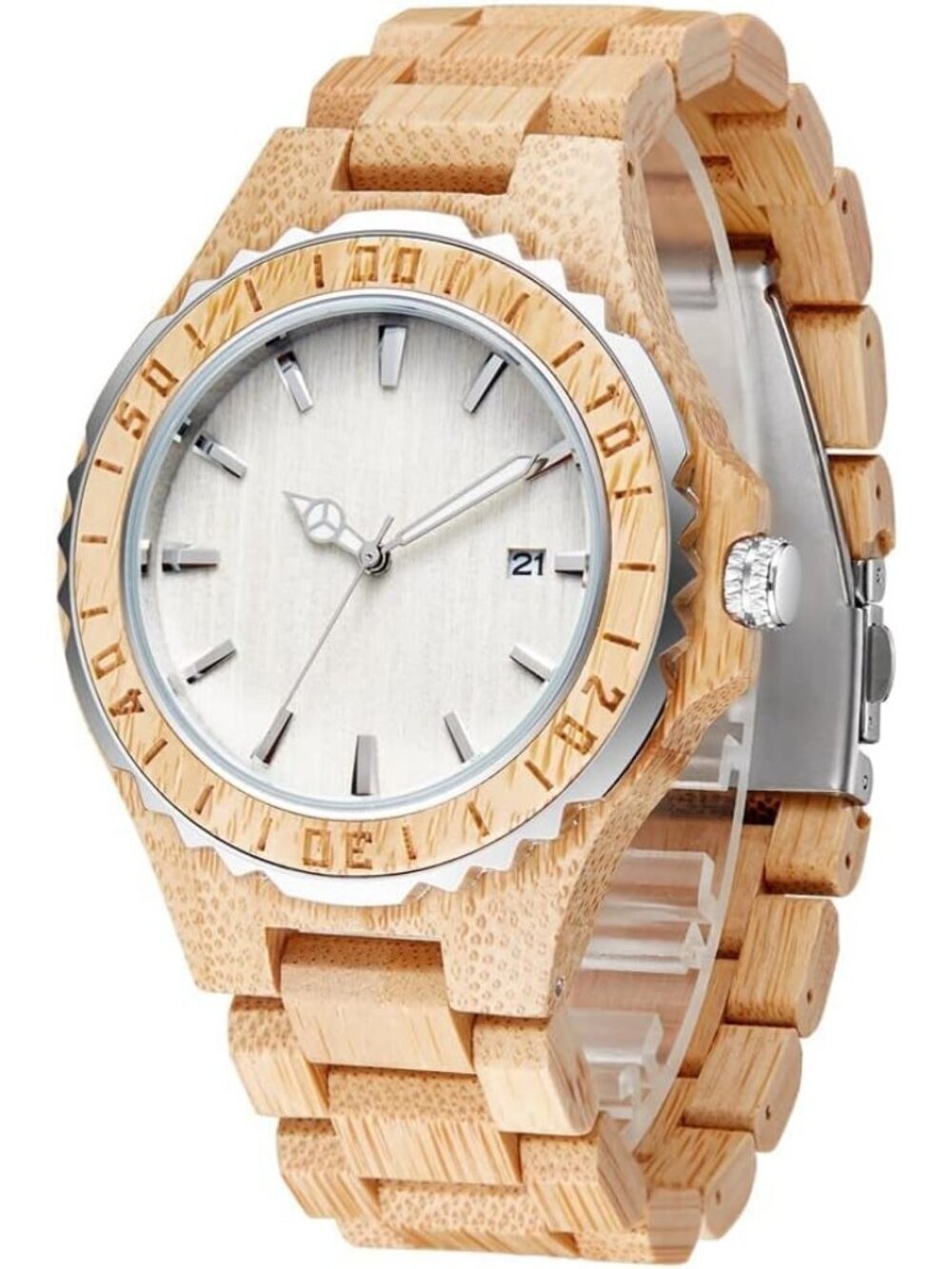 Men's Beige White Classic Handmade Round Bamboo Analog Date Quartz Wooden Watch